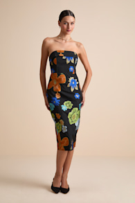 Wesson Black Floral Jacquard Lace-Up Strapless Midi Dress 1