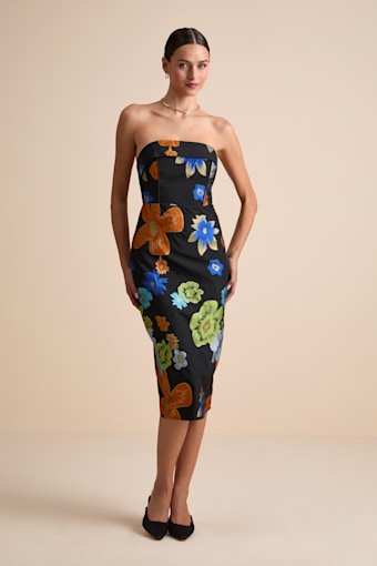 Wesson Black Floral Jacquard Lace-Up Strapless Midi Dress 1