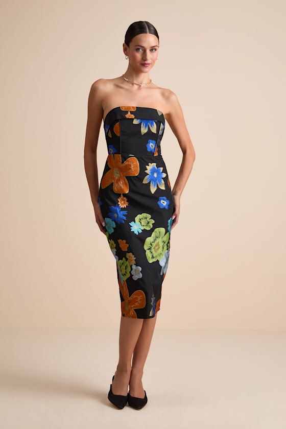 Wesson Black Floral Jacquard Lace-Up Strapless Midi Dress 1