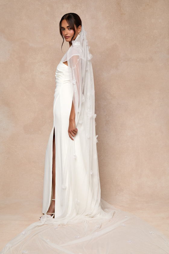 White Mesh Veil - Long Veil - Cathedral-Length Veil - Floral Veil