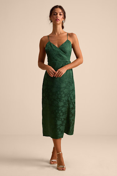Green Katherine Emerald Floral Jacquard Wrap Midi Dress | Womens | X-Small (Available in S, M, L, Xl) | 100% Polyester | Lulus
