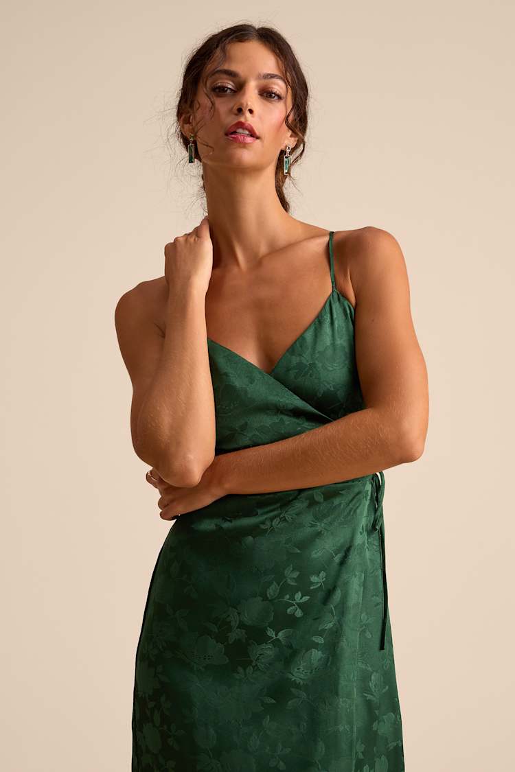 Green Katherine Emerald Floral Jacquard Wrap Midi Dress | Womens | X-Small (Available in S) | 100% Polyester | Lulus