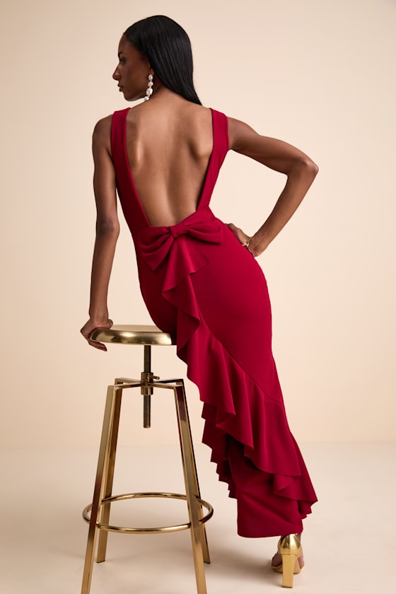 Exquisite Refinement Dark Red Backless Bow Ruffled Maxi Dress 1