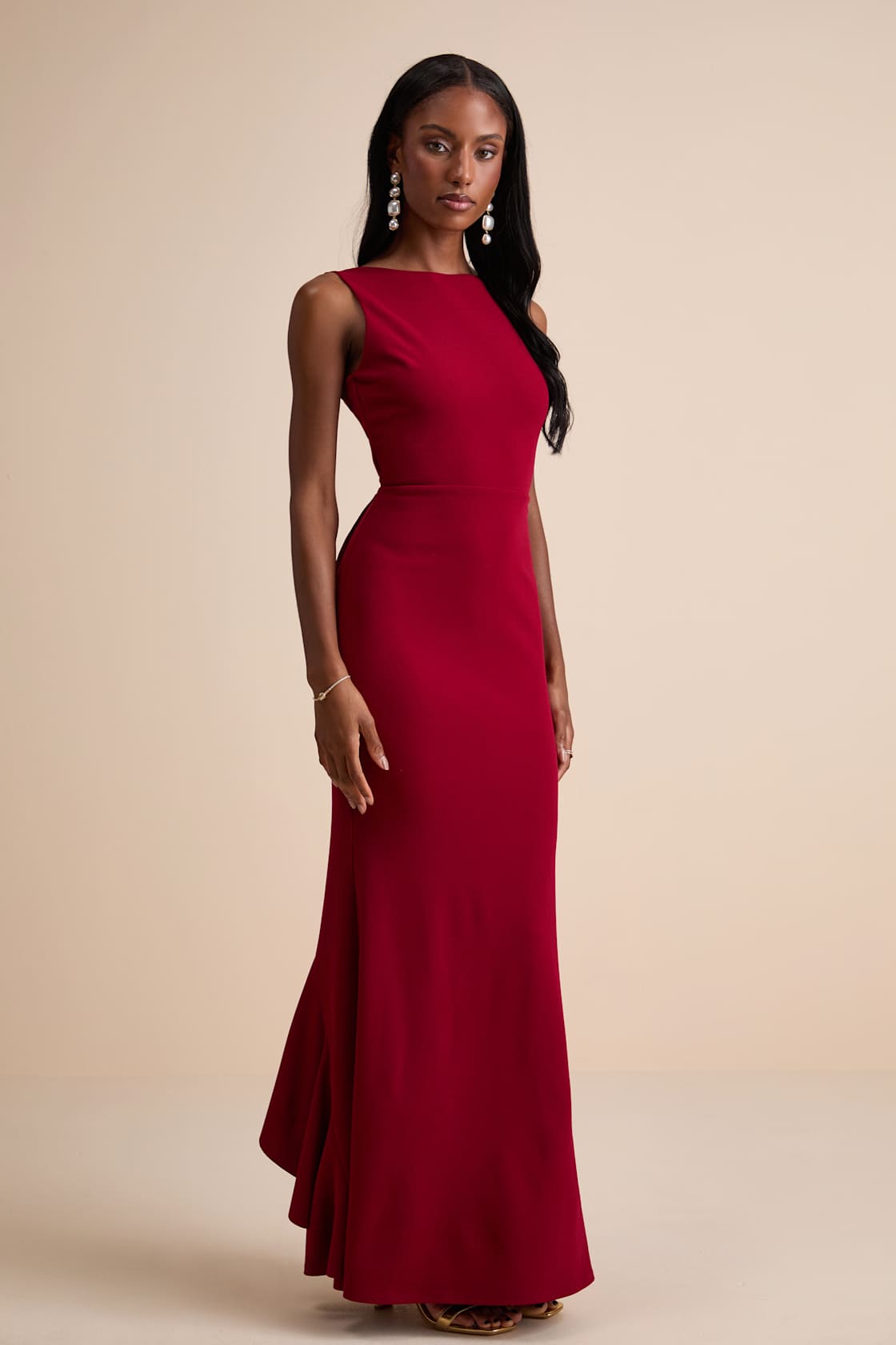 Exquisite Refinement Red Backless Bow Ruffled Maxi Dress