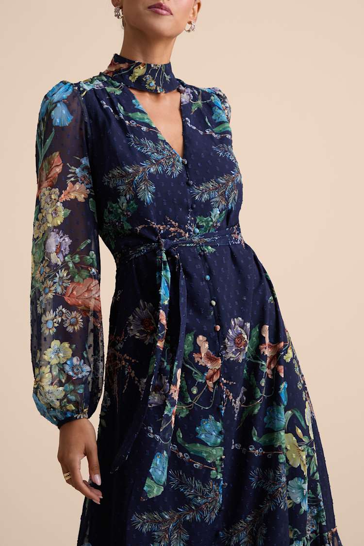 Fallyn Navy Floral Swiss Dot Long Sleeve Midi Dress