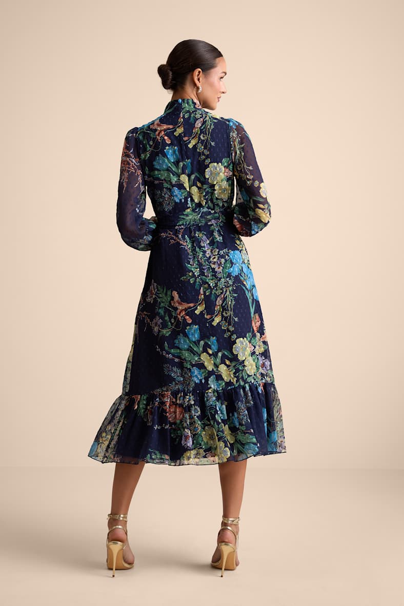 Fallyn Navy Floral Swiss Dot Long Sleeve Midi Dress