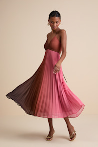 Belisse Rust Ombre Pleated Lace-Up Midi Dress 1