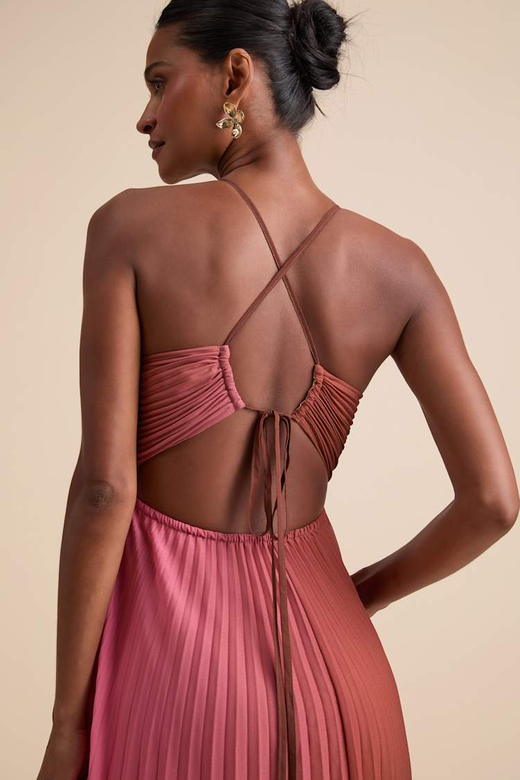 Belisse Rust Ombre Pleated Lace-Up Midi Dress