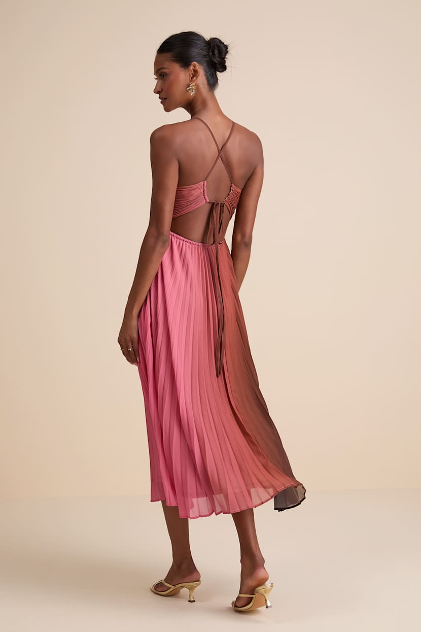 Brown Belisse Rust Ombre Pleated Lace-Up Midi Dress | Womens | Medium (Available in XL) | 100% Polyester | Lulus