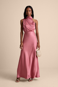 Distinctive Charm Rose Pink Satin Asymmetrical Maxi Dress 1