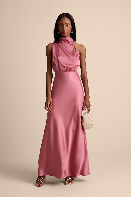 Distinctive Charm Rose Pink Satin Asymmetrical Maxi Dress 1
