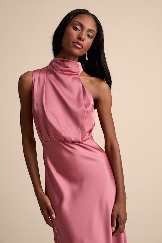 Rose Pink Satin Dress - Asymmetrical Gown - Mock Neck Dress