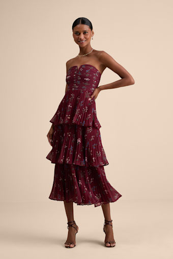Hadelyn Wine Red Floral Pleated Tiered Midi Dress 1