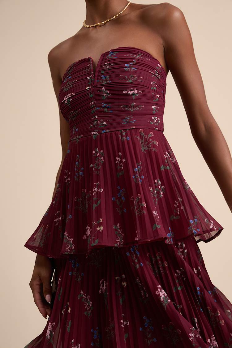 Hadelyn Wine Red Floral Pleated Tiered Midi Dress