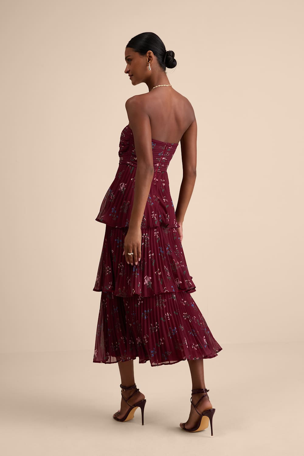 Hadelyn Wine Red Floral Pleated Tiered Midi Dress