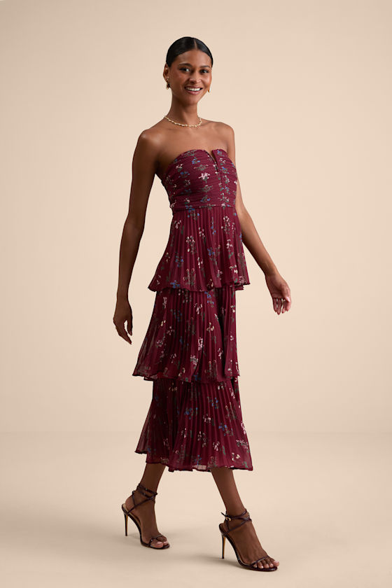 Red Floral Dress - Strapless Pleated Dress - Tiered Midi Dress - Image 4