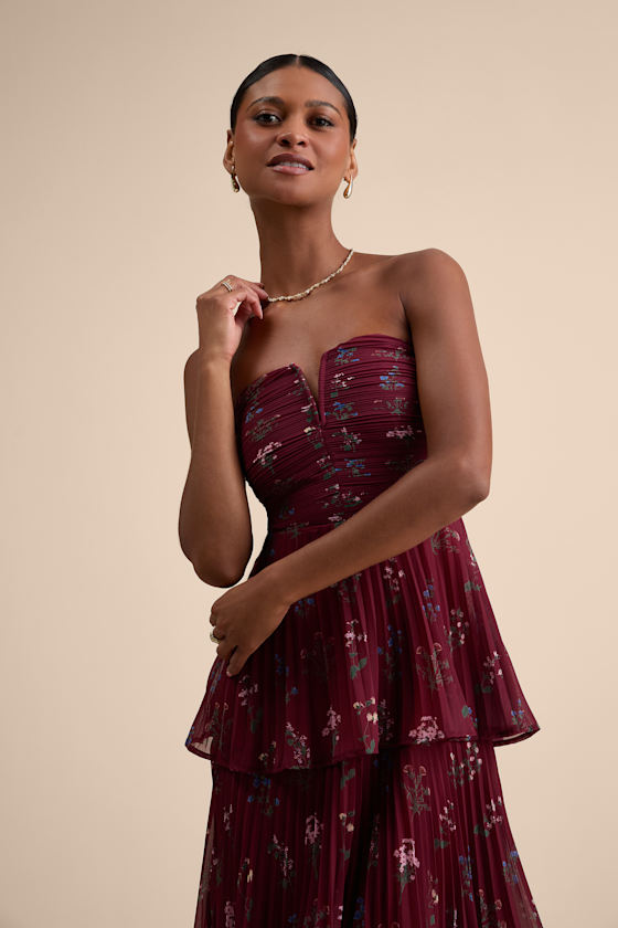 Red Floral Dress - Strapless Pleated Dress - Tiered Midi Dress - Image 5