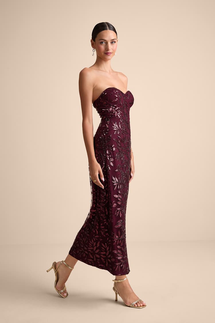 Beyza Burgundy Sequin Beaded Strapless Midi Dress