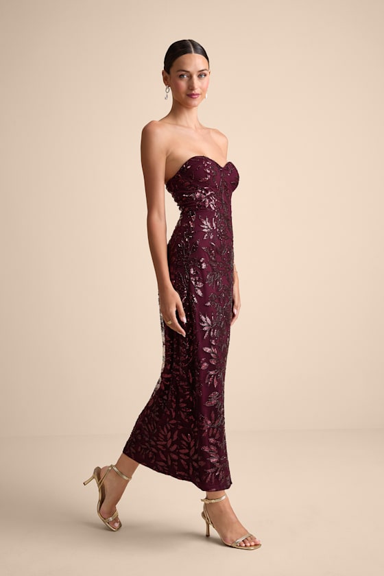 Beyza Burgundy Sequin Beaded Strapless Midi Dress 5