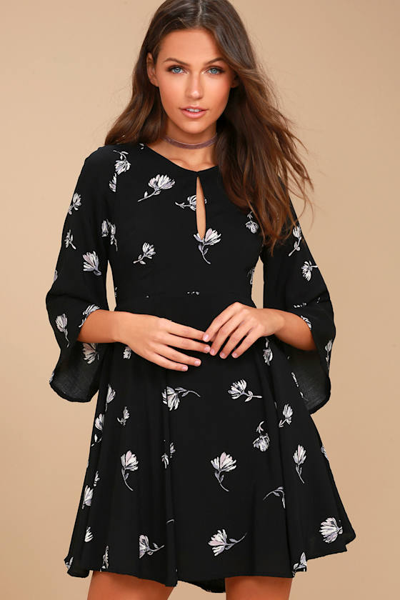 Others Follow Black Floral Print Dress - Print Skater Dress - Lulus