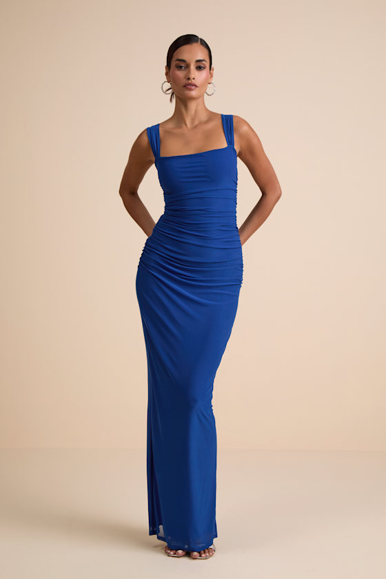 Amazing Presence Blue Mesh Ruched Column Maxi Dress 1