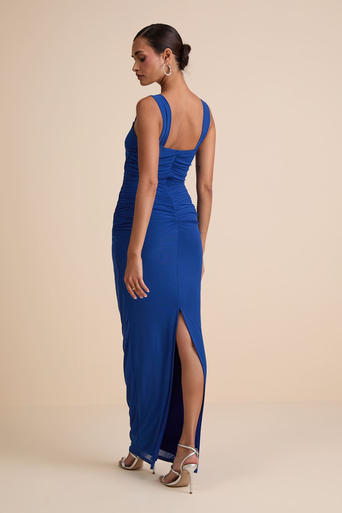Amazing Presence Blue Mesh Ruched Column Maxi Dress