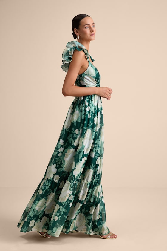 パーティードレス Green Floral Check-Print Ruffled Silk Gown Green Floral Dress - Ruffled Maxi Dress - Tiered Maxi Dress