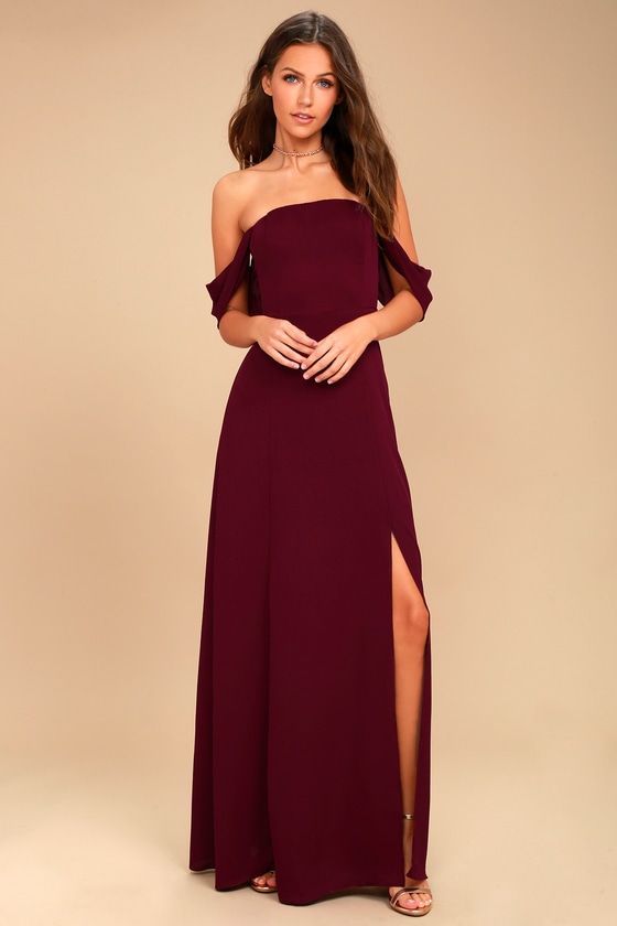 maroon off the shoulder maxi dress