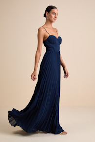 Admirable Elegance Navy Pleated Bustier Maxi Dress 1