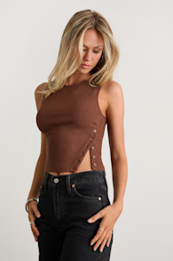 Michayla Brown Ribbed Knit Side-Button Tank Top 1
