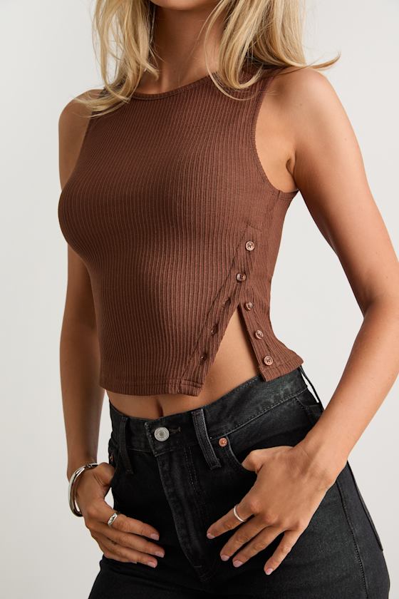 Michayla Brown Ribbed Knit Side-Button Tank Top 2