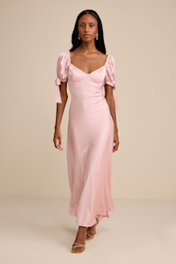 Santa Marta Blush Pink Satin Puff Sleeve Bow Maxi Dress 1
