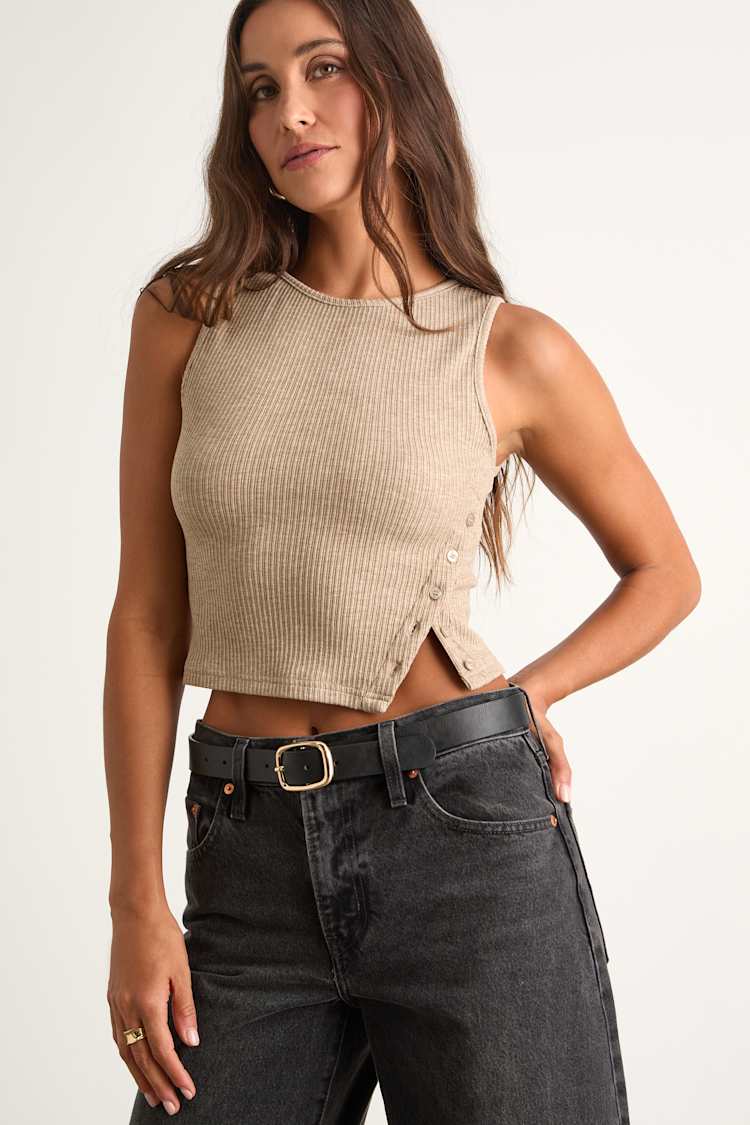 Michayla Taupe Ribbed Knit Side-Button Tank Top