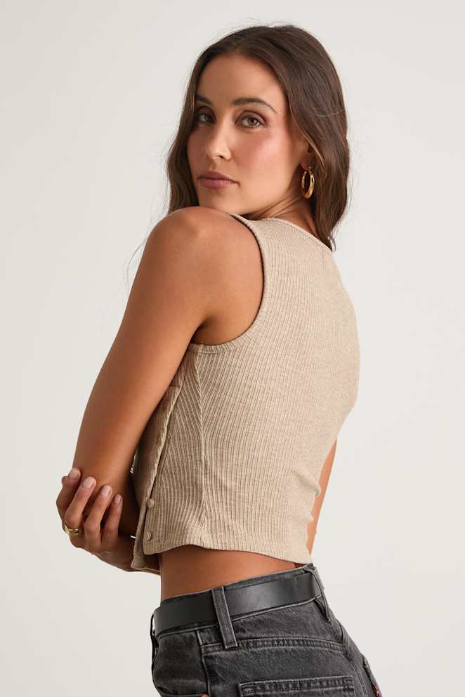 Michayla Taupe Ribbed Knit Side-Button Tank Top