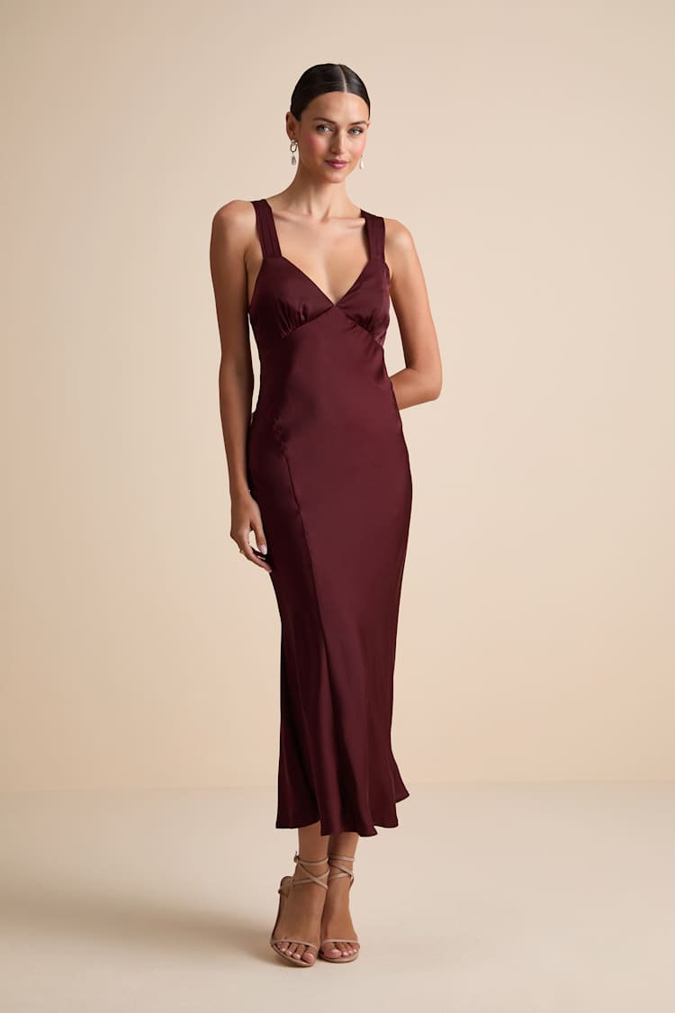 Ellena Burgundy Satin Slip Midi Dress