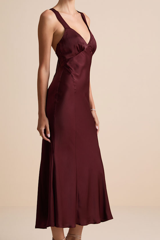 Lulus | Burgundy Satin Slip Midi Dress | Womens | X-Small (Available in S, M, L, XL) | Polyester/Spandex Lulus | Burgundy Satin Slip Midi Dress | Womens | X-Small (Available in S, M, L, XL) | Polyester/Spandex