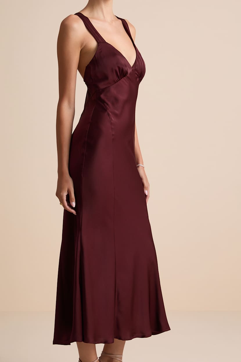Ellena Burgundy Satin Slip Midi Dress