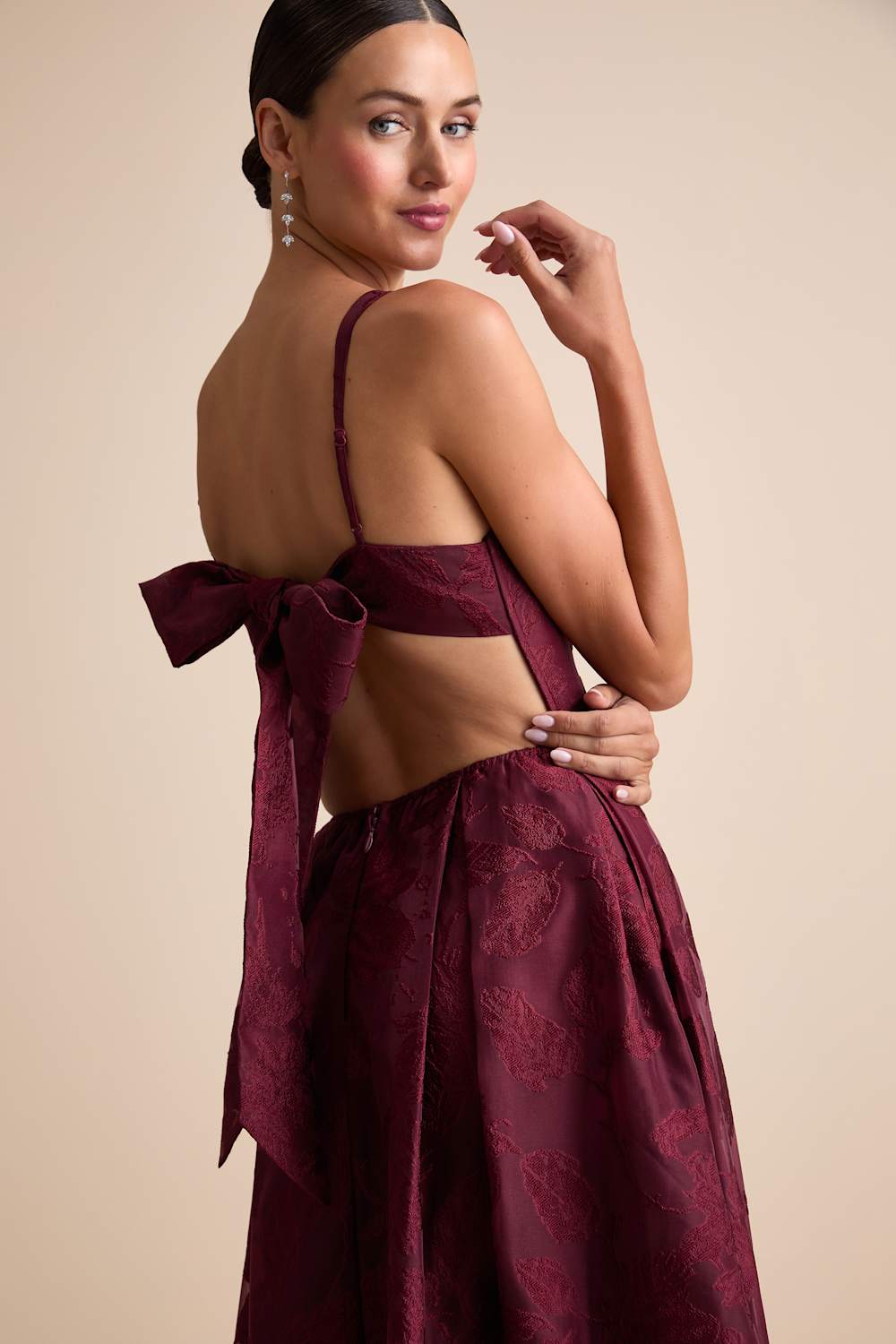 Perfected Aura Red Jacquard Tie-Back Maxi Dress with Pockets