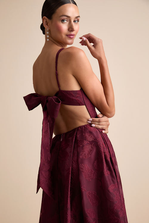 Perfected Aura Navy Jacquard Tie-Back Maxi Dress with Pockets