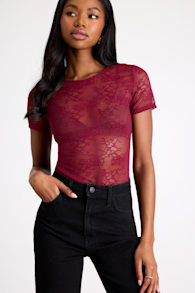Clearly Sultry Burgundy Lace Sheer Short Sleeve Top 1