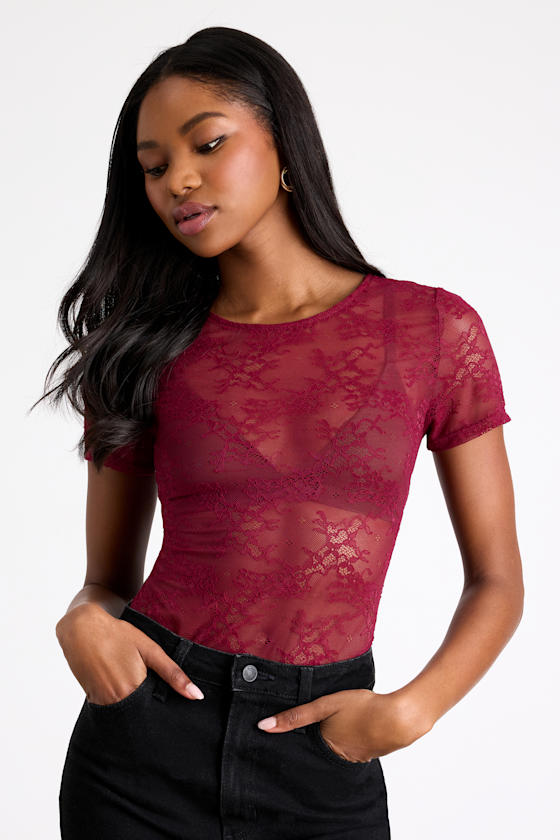 Clearly Sultry Burgundy Lace Sheer Short Sleeve Top 2