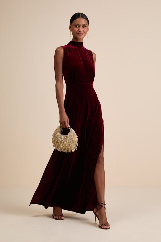 Lulus | Wine Red Velvet Sleeveless Mock Neck Maxi Dress | Womens | 3X (Available in 1X, S) | 100% Polyester