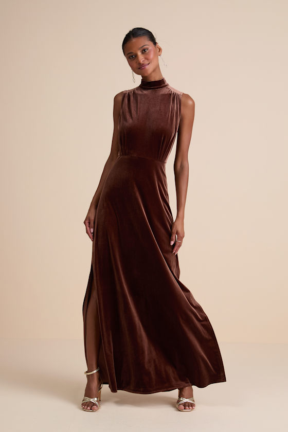 Classic Elegance Brown Velvet Sleeveless Mock Neck Maxi Dress 1