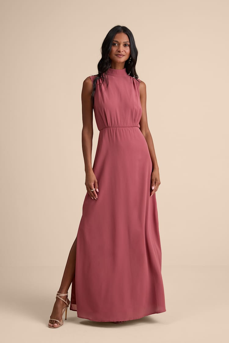 Rusty Rose Chiffon Dress - A-Line Mock Neck Dress - Maxi Dress - Lulus