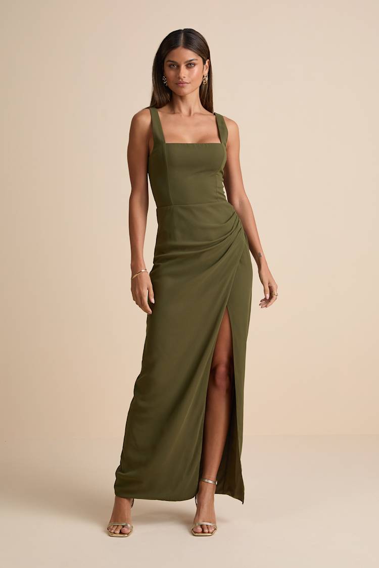 Glamorous Disposition Olive Green Ruched Maxi Dress