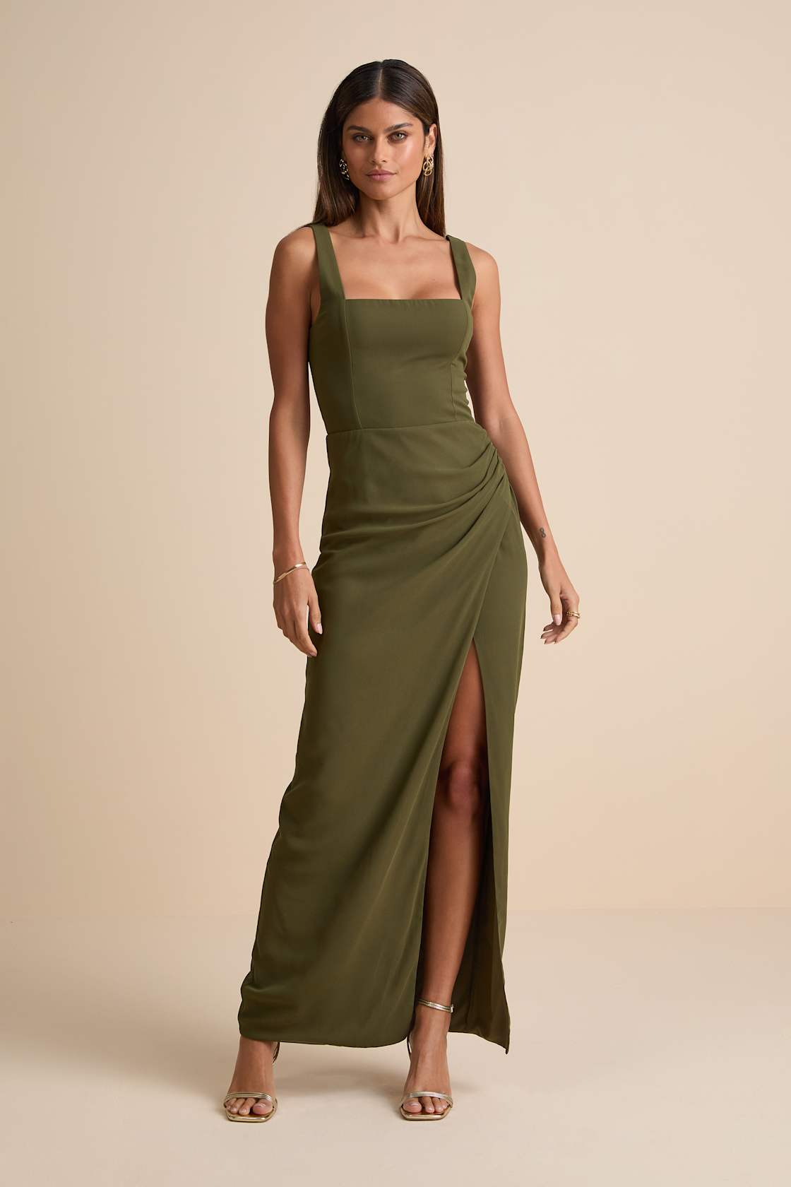 Glamorous Disposition Olive Green Ruched Maxi Dress