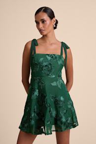Truly Inspiring Dark Green Floral Applique Tie-Strap Mini Dress 1