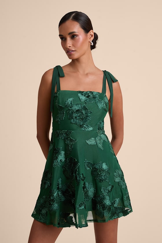 Truly Inspiring Dark Green Floral Applique Tie-Strap Mini Dress 1