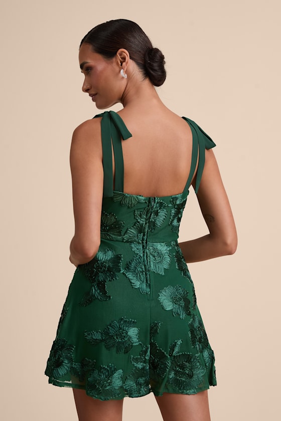 Truly Inspiring Dark Green Floral Applique Tie-Strap Mini Dress 2