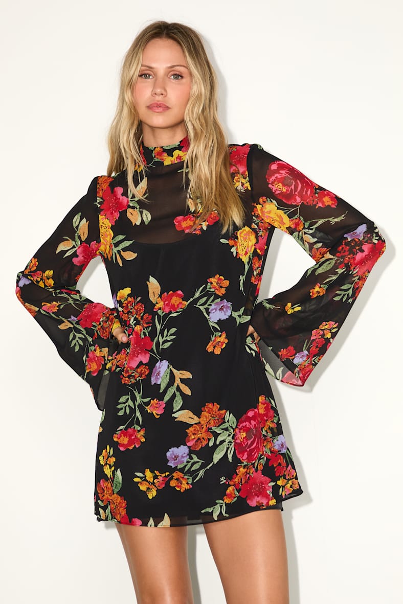 Perfected Charm Black Multi Floral Bell Sleeve Mini Shift Dress